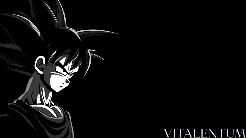 Brooding spike‑haired warrior in stark monochrome shadow.