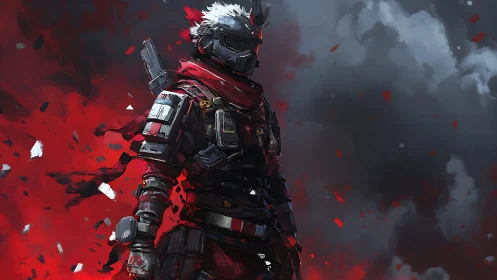Armored futuristic soldier in red scarf amid smoke and debris.