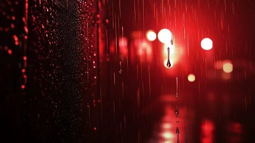 Raindrops drift through soft red city lights at night