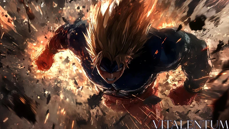 Muscular hero charges forward through fiery explosion
