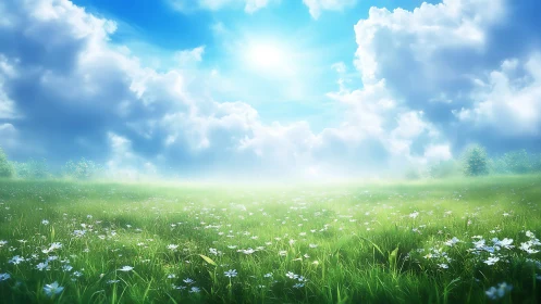 Sunlit meadow daydream under wide wandering clouds.