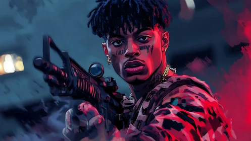 Intense street warrior in neon-lit urban night stand-off.