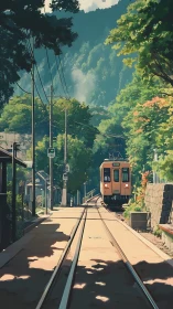 Rural mountain railway scene with orange local train.