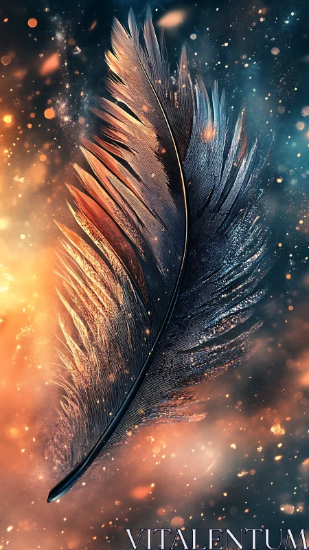 Iridescent feather in bokeh nebula field, warm cool contrast