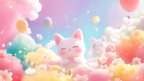 Smiling Cats Among Clouds and Flowers in Dreamy Sky