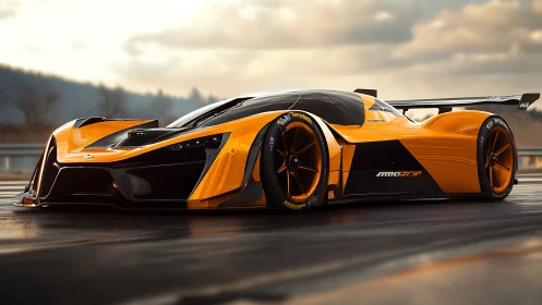 Orange and black futuristic race car on wet asphalt track.