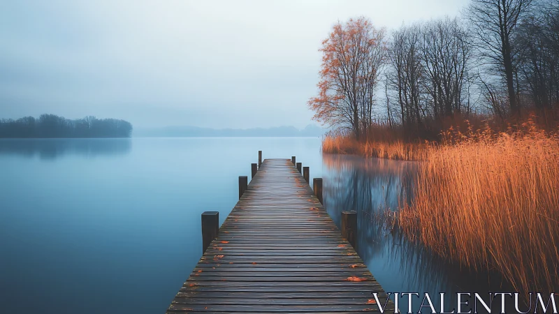 Photorealistic lakeside pier with misty horizon symmetry.