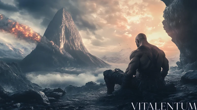 Solitary armored figure observes erupting conical mountain calmly