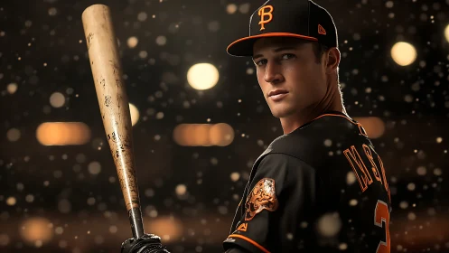 Focused baseball player waits under stadium lights before batting