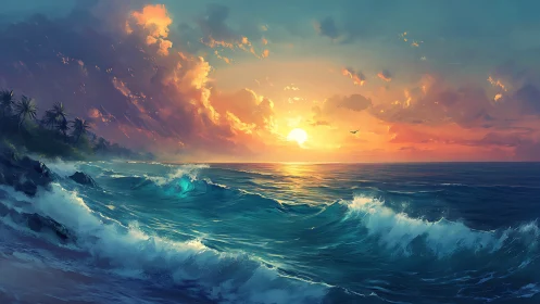 Golden sunset waves rolling toward a tranquil tropical shore.