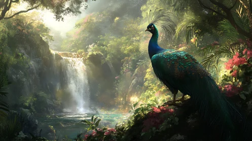Peacock positioned before dense forest waterfall scene.