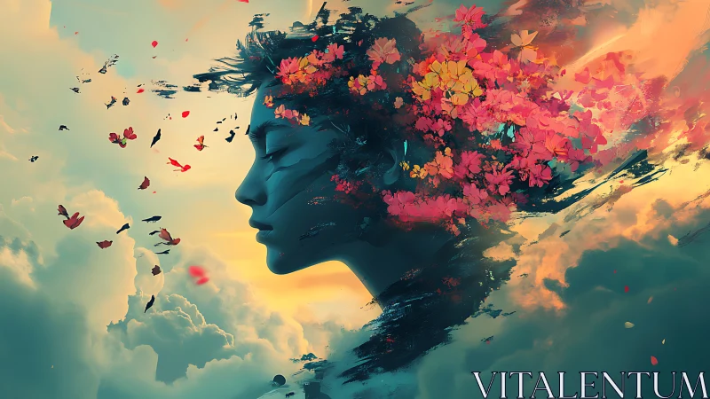 Dreaming sky spirit with blossoms drifting into light.