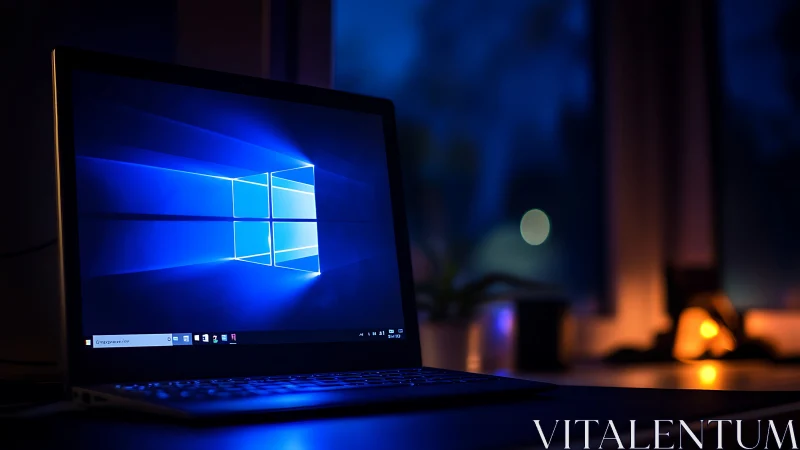 Windows laptop glows over dark desk in moody blue light.