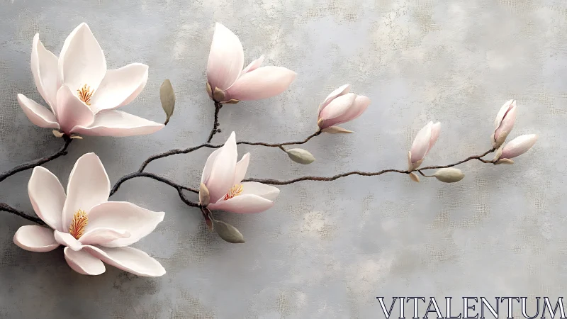 Magnolia Branch with Blooms Against Textured Gray Background