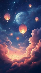 Suspended lanterns over cloudscape beneath lunar sky.