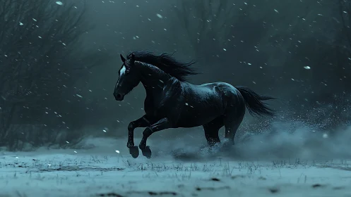 Dark horse moving through winter field during snowfall.