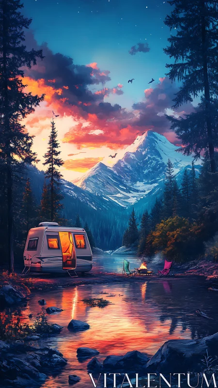 Cozy riverside camper glowing beneath painted mountain skies.