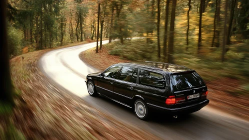 Black station wagon drives through curved forest road