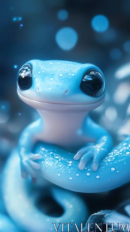 Bioluminescent blue gecko glows in soft bokeh light.