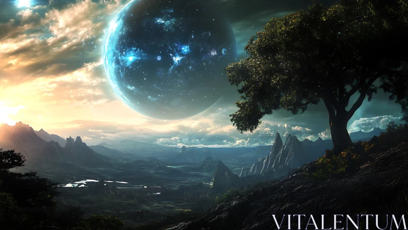 Colossal alien planet above tranquil twilight valley panorama.