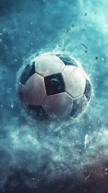 Soccer ball suspended in dynamic blue particle burst.