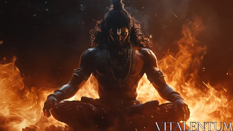 Divine warrior meditates in blazing inferno with serene focus