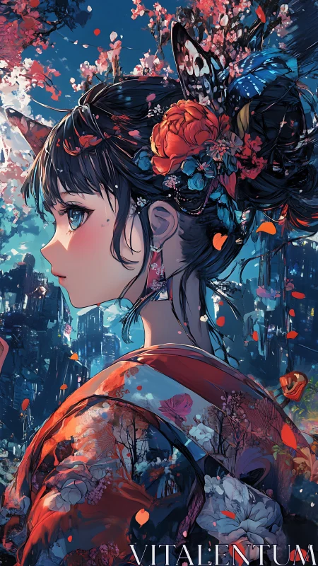 Kimono-clad girl amid blossoms in detailed anime scene.