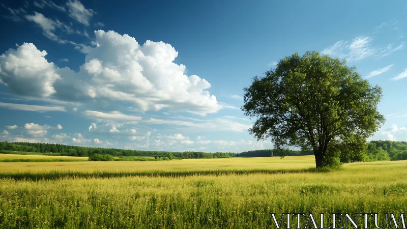Isolated deciduous tree anchors sunlit meadow under stratocumulus sky