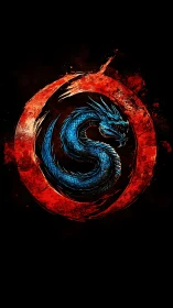 Vivid blue dragon coils within a blazing red battle circle.