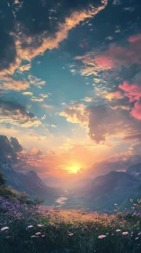 Sunlit alpine valley with luminous wildflower meadow at dusk.