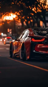 Low-slung red sports car glows under golden sunset city lights.