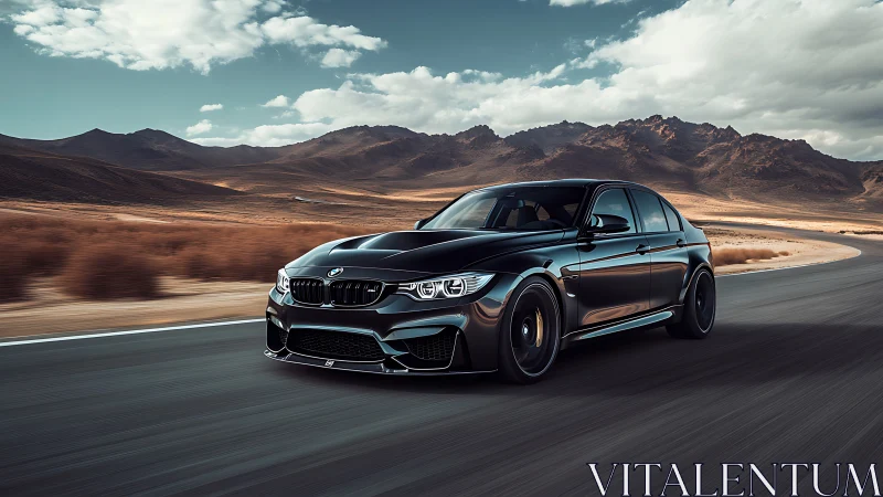 Black sports sedan powers through desert highway curve