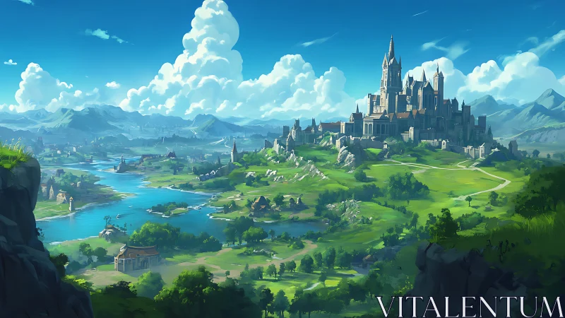 Medieval hilltop citadel above riverine valley landscape.