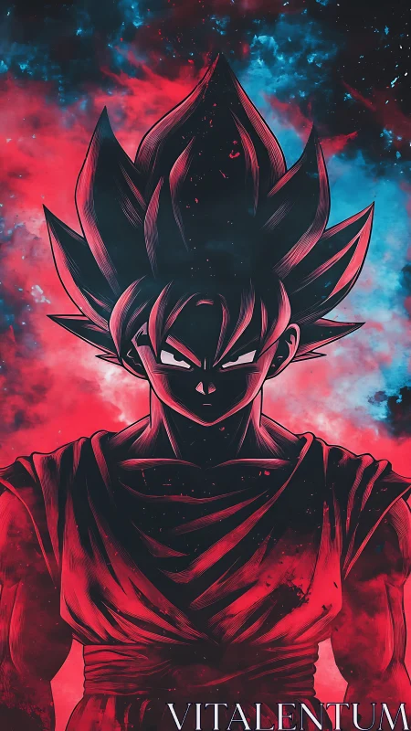 Celestial warrior silhouette carves neon storms with calm fury