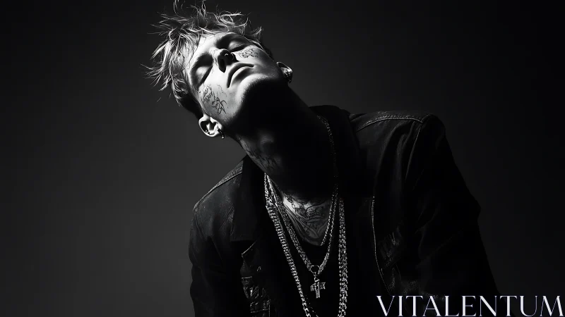 Monochrome low‑key portrait of tattooed youth in leather jacket