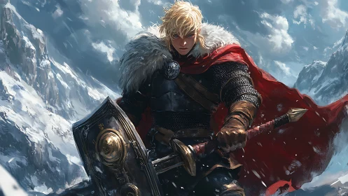 Armored warrior with sword and shield in snowy mountains.