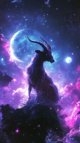 Starlit horned sentinel crowns a nebula-drenched moonrise