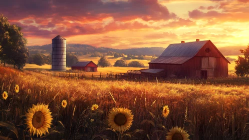 Sunlit sunflower pasture framing red barn and steel grain silo