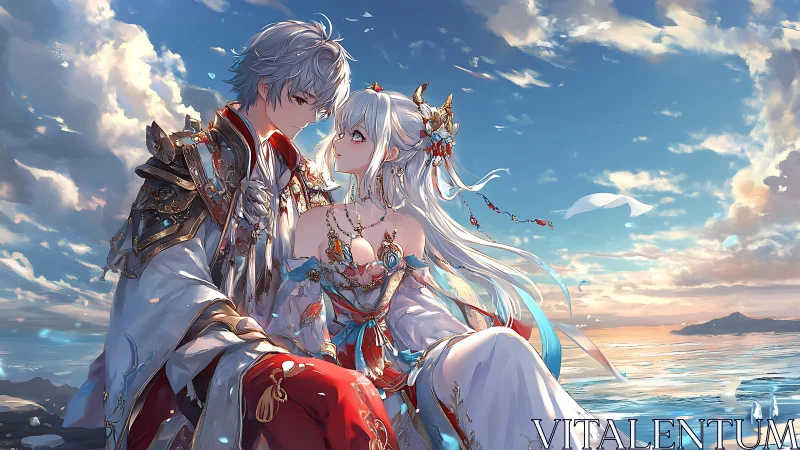 Ornate fantasy couple in detailed anime rendering at coastal sunset