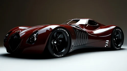 Streamlined burgundy concept car exhibits extreme aerodynamic surfacing