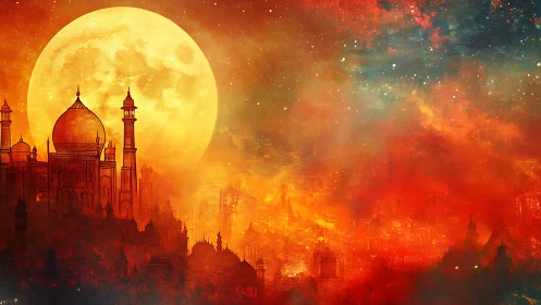 Moonlit domed palace silhouette against red cosmic sky.