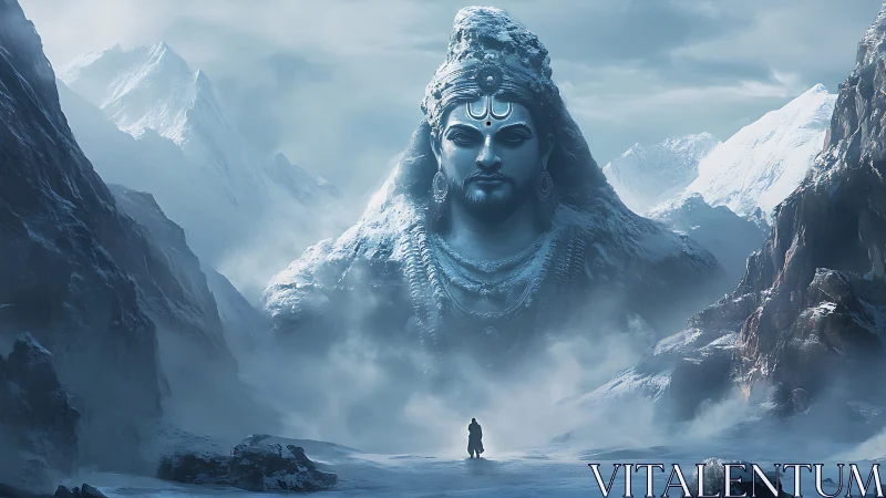 Colossal icy deity sculpture dominates fog-laden alpine pass