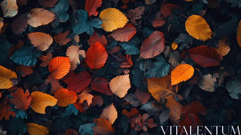 Overhead view shows scattered multicolored autumn leaves
