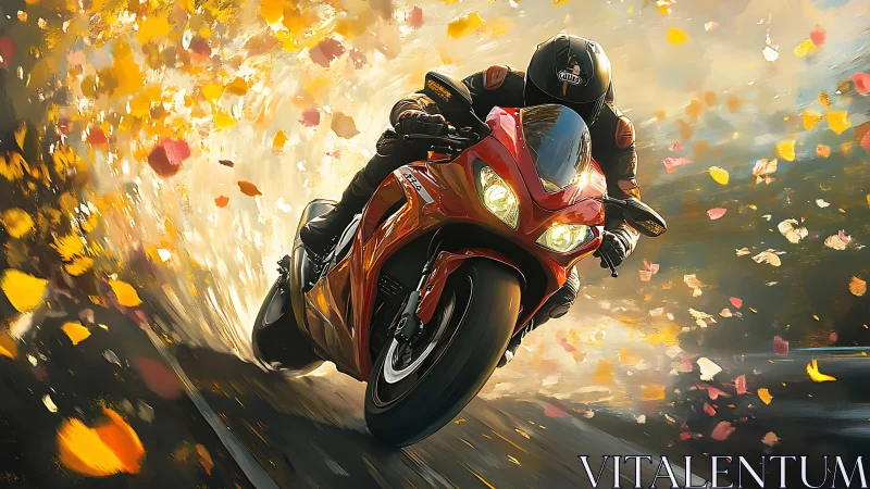 High-speed sportbike carves autumn road in dynamic digital render