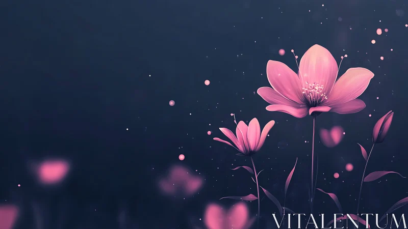Digital render of luminous pink flowers against dark navy background
