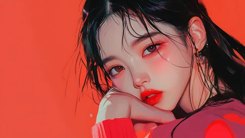 Hyperreal digital portrait with saturated red palette.