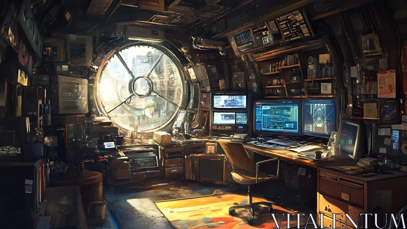 Cyberpunk hacker workstation under circular porthole window.