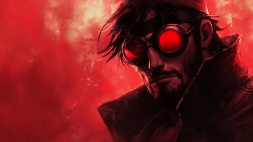 Bearded man with red goggles stares forward in red haze