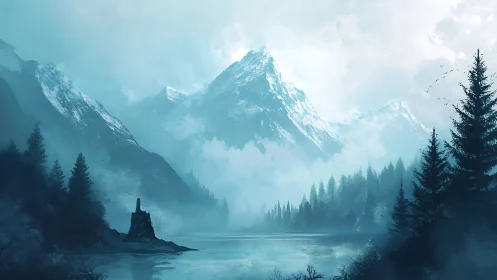 Misty alpine lake with snowy mountains and pine forest.