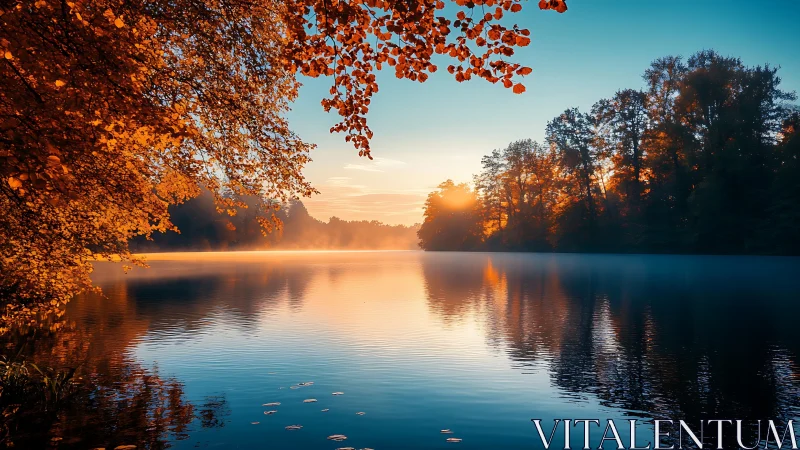 Sunrise warms a tranquil autumn lake in glowing amber light